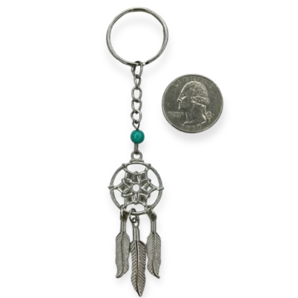 Dream Catcher Key Chain Silver Tone Simulated Turquoise Dangle Feathers VTG 70’s